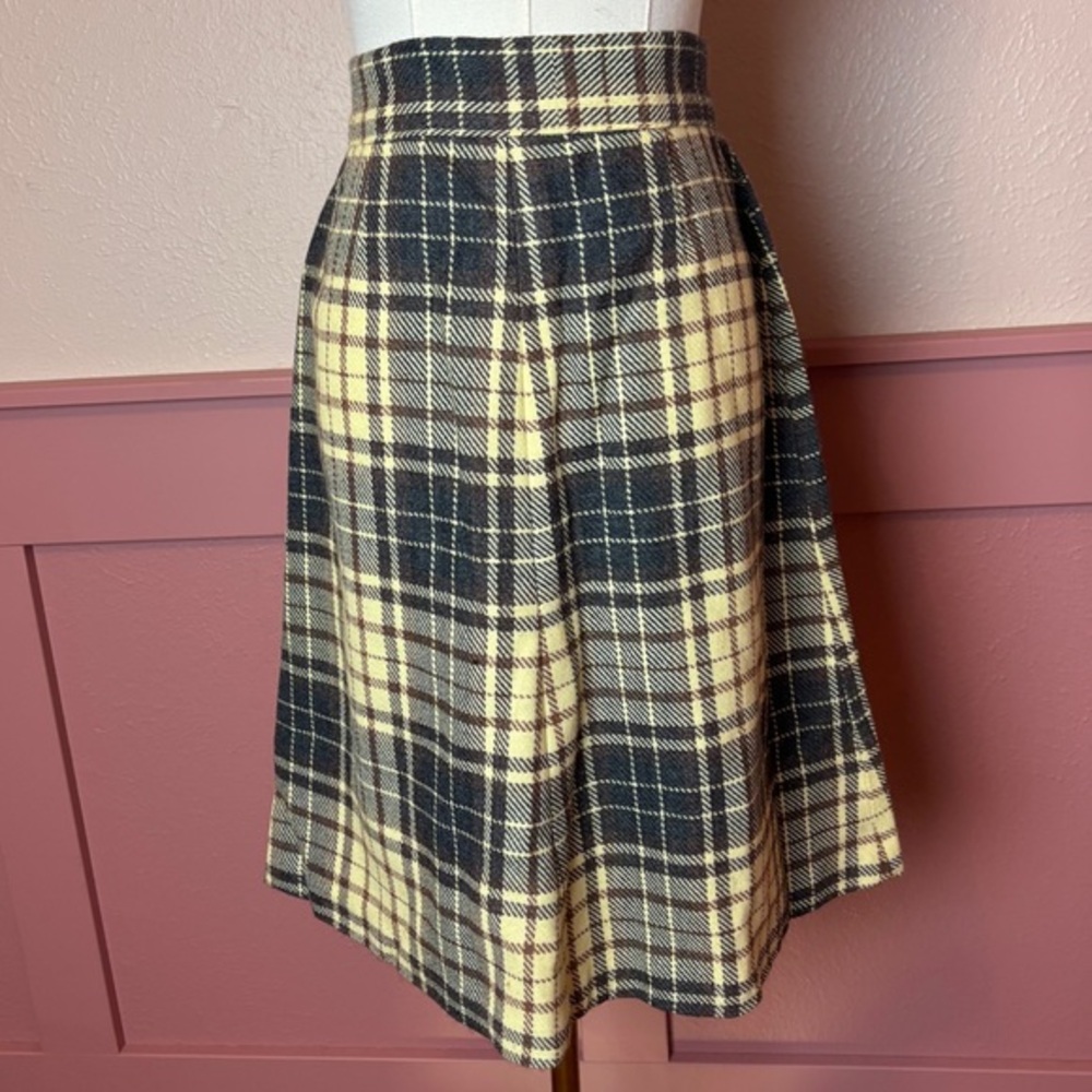 vtg 80s plaid cottage indie high waisted skirt small brown grey cream
